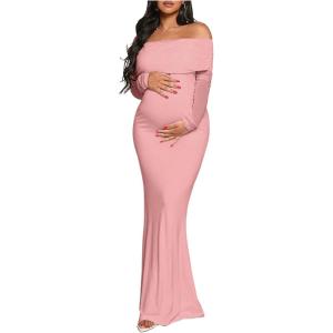 imageMakeMeChic Womens Maternity Dresses Off The Shoulder Ruched Long Sleeve Pregnancy Maxi DressesPink
