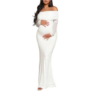 imageMakeMeChic Womens Maternity Dresses Off The Shoulder Ruched Long Sleeve Pregnancy Maxi DressesWhite