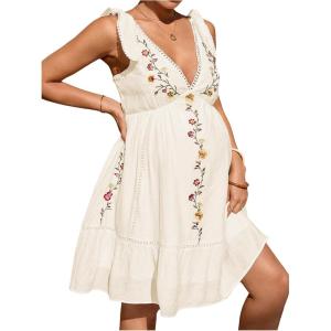 imageMakeMeChic Womens Summer Maternity Mini Dress Floral Embroidery A Line Shirred Boho Pregnancy Tank DressesApricot