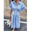 imageMakeMeChic Womens Summer Striped Button Down Shirt Dress Short Sleeve Midi DressesBlue