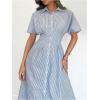 imageMakeMeChic Womens Summer Striped Button Down Shirt Dress Short Sleeve Midi DressesBlue and White