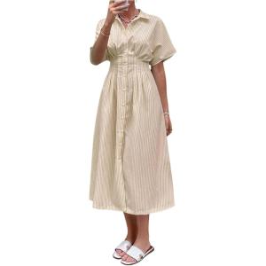 imageMakeMeChic Womens Summer Striped Button Down Shirt Dress Short Sleeve Midi DressesApricot a