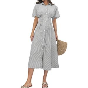 imageMakeMeChic Womens Summer Striped Button Down Shirt Dress Short Sleeve Midi DressesBlack and White