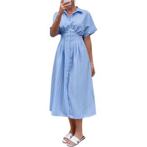 imageMakeMeChic Womens Summer Striped Button Down Shirt Dress Short Sleeve Midi DressesBlue