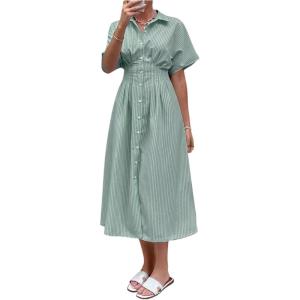imageMakeMeChic Womens Summer Striped Button Down Shirt Dress Short Sleeve Midi DressesGreen
