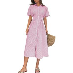 imageMakeMeChic Womens Summer Striped Button Down Shirt Dress Short Sleeve Midi DressesHot Pink