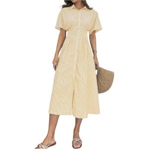 imageMakeMeChic Womens Summer Striped Button Down Shirt Dress Short Sleeve Midi DressesHot Yellow