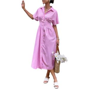 imageMakeMeChic Womens Summer Striped Button Down Shirt Dress Short Sleeve Midi DressesPink