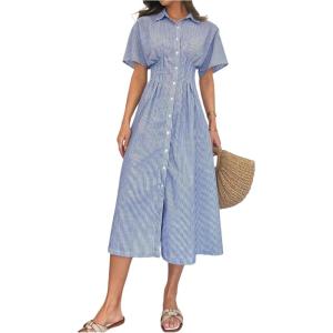 imageMakeMeChic Womens Summer Striped Button Down Shirt Dress Short Sleeve Midi DressesRoyal Blue