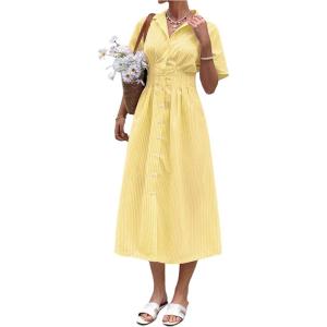 imageMakeMeChic Womens Summer Striped Button Down Shirt Dress Short Sleeve Midi DressesYellow