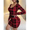 imageMakeMeChic Womens Skirt Sets 2 Piece Outfits Plaid Long Sleeve V Neck Crop Tops and Mini Skirts Burgundy XSmall