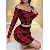 imageMakeMeChic Womens Skirt Sets 2 Piece Outfits Plaid Long Sleeve V Neck Crop Tops and Mini Skirts Burgundy XSmall