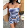 imageMakeMeChic Womens Summer 2 Piece Sets Striped Open Back Strapless Tube Tops Mini Micro Shorts SetBlue White