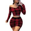 imageMakeMeChic Womens Skirt Sets 2 Piece Outfits Plaid Long Sleeve V Neck Crop Tops and Mini Skirts Burgundy XSmall