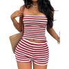 imageMakeMeChic Womens Summer 2 Piece Sets Striped Open Back Strapless Tube Tops Mini Micro Shorts SetRed White