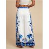 imageMakeMeChic Womens Boho Floral Wide Leg Summer Vacation Pants Drawstring Elastic Waist Loose Beach TrousersBlue and White