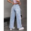 imageMakeMeChic Womens Bow Knot Zip Up Denim Pants Loose Fit Button Front Straight Leg JeansBlue