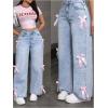 imageMakeMeChic Womens Bow Knot Zip Up Denim Pants Loose Fit Button Front Straight Leg JeansBlue