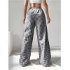 imageMakeMeChic Womens Plaid Elastic Waist Wide Leg Straight Sweatpants Loose Baggy Pants TrousersBlack