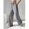 imageMakeMeChic Womens Plaid Elastic Waist Wide Leg Straight Sweatpants Loose Baggy Pants TrousersBlack