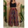 imageMakeMeChic Womens Plus Size Floral Palazzo Pants Elastic Waist Wide Leg Tropical Print Summer TrousersBlack