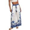 imageMakeMeChic Womens Boho Floral Wide Leg Summer Vacation Pants Drawstring Elastic Waist Loose Beach TrousersBlue and White