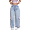 imageMakeMeChic Womens Bow Knot Zip Up Denim Pants Loose Fit Button Front Straight Leg JeansBlue