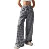 imageMakeMeChic Womens Plaid Elastic Waist Wide Leg Straight Sweatpants Loose Baggy Pants TrousersBlack