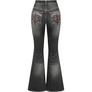 imageMakeMeChic Womens Bell Bottom Jeans Wide Leg Jeans Embroidered Y2K High Waist Stretch Denim PantsBlack