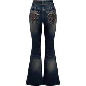 imageMakeMeChic Womens Bell Bottom Jeans Wide Leg Jeans Embroidered Y2K High Waist Stretch Denim PantsBlue