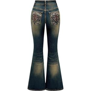 imageMakeMeChic Womens Bell Bottom Jeans Wide Leg Jeans Embroidered Y2K High Waist Stretch Denim PantsDark Blue