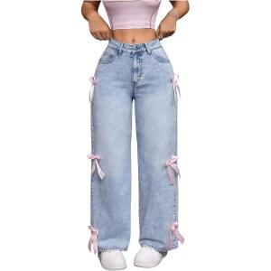 imageMakeMeChic Womens Bow Knot Zip Up Denim Pants Loose Fit Button Front Straight Leg JeansBlue