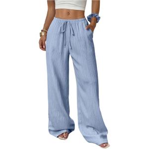 imageMakeMeChic Womens Casual Wide Leg Pants Summer Beach Palazzo PantsBlue