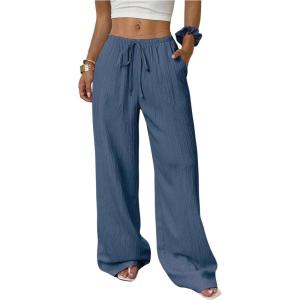 imageMakeMeChic Womens Casual Wide Leg Pants Summer Beach Palazzo PantsTeal Blue