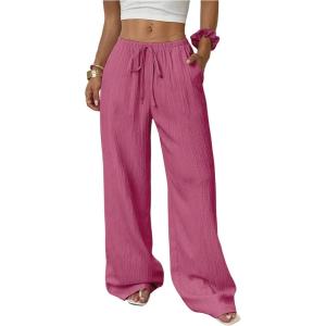 imageMakeMeChic Womens Casual Wide Leg Pants Summer Beach Palazzo PantsWatermelon Pink
