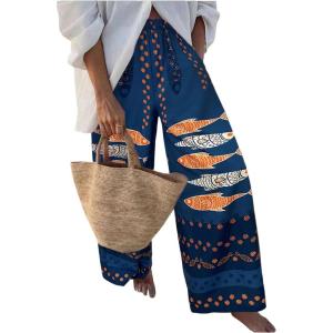 imageMakeMeChic Womens Floral Wide Leg Pants Beach Vacation High Waist Boho Palazzo TrousersBlue