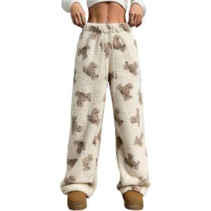 imageMakeMeChic Womens Fuzzy Pajama Pants Leopard Cheetah Print Teddy Cute Lounge PantsBeige Bear