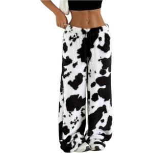 imageMakeMeChic Womens Fuzzy Pajama Pants Leopard Cheetah Print Teddy Cute Lounge PantsBlack White