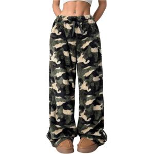 imageMakeMeChic Womens Fuzzy Pajama Pants Leopard Cheetah Print Teddy Cute Lounge PantsCamo