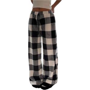 imageMakeMeChic Womens Fuzzy Pajama Pants Leopard Cheetah Print Teddy Cute Lounge PantsPlaid Black White