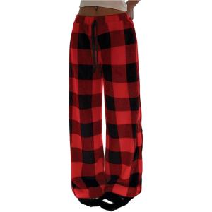 imageMakeMeChic Womens Fuzzy Pajama Pants Leopard Cheetah Print Teddy Cute Lounge PantsPlaid Red