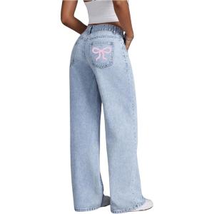 imageMakeMeChic Womens High Waist Denim Pants Bow Wide Leg Baggy Y2K Jeans Trousers with PocketLight Wash