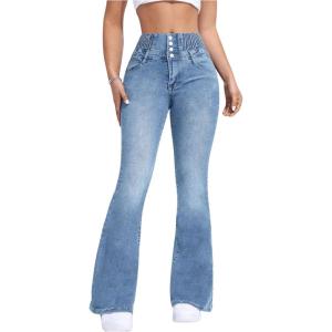 imageMakeMeChic Womens High Waisted Skinny Jeans Y2K Denim Flare Pants Bell Bottom Shirred Trousers with PocketLight Wash