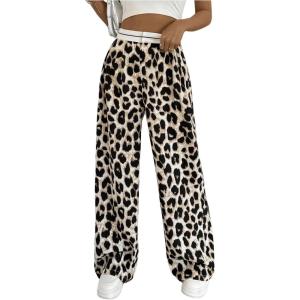 imageMakeMeChic Womens Leopard Print Pants Wide Leg Baggy Loose Y2K Trousers LoungewearMulticolor