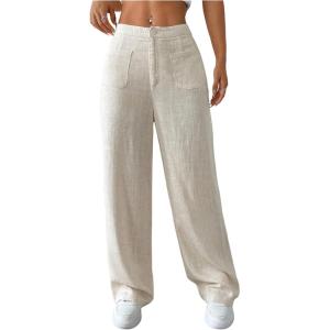 imageMakeMeChic Womens Linen Pants Wide Leg Summer Dressy Trousers with PocketApricot
