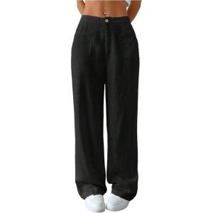 imageMakeMeChic Womens Linen Pants Wide Leg Summer Dressy Trousers with PocketBlack