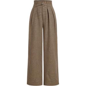imageMakeMeChic Womens Plaid Business Pants High Waist Wide Leg Office Work Trousers with BeltedBrown