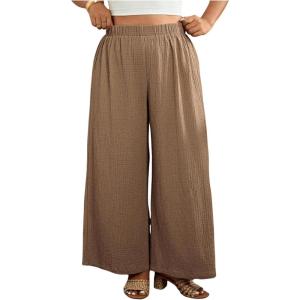 imageMakeMeChic Womens Plus Size Floral Palazzo Pants Elastic Waist Wide Leg Tropical Print Summer TrousersKhaki