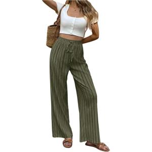imageMakeMeChic Womens Striped High Waist Pants Tie Front Drawstring Wide Leg TrousersArmy Green