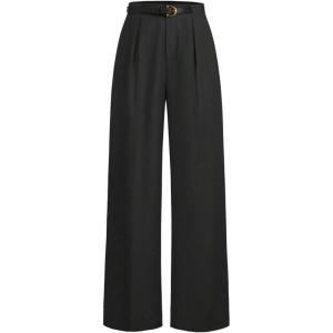 imageMakeMeChic Womens Work Pants Straight Leg Zip Fly Belted Business Casual Trousers Teacher PantsBlack